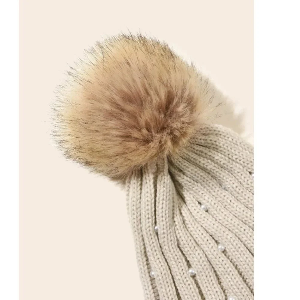 Cream Pearl Knit Beanie Hat Faux Fur Pom Pom Winter Warm Cozy Women's Cap
